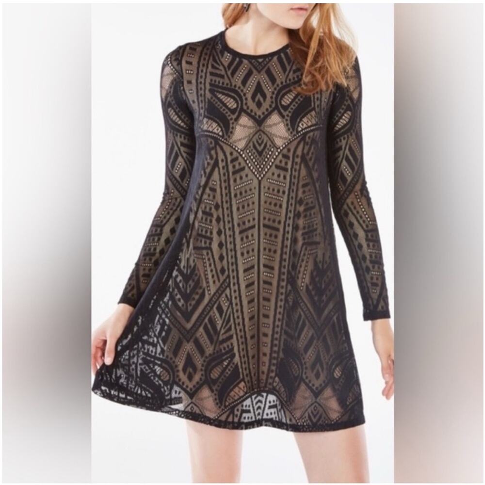 BCBG MaxAzria Women's Natyly Long Sleeve Swing Dress Black Lace Size S
